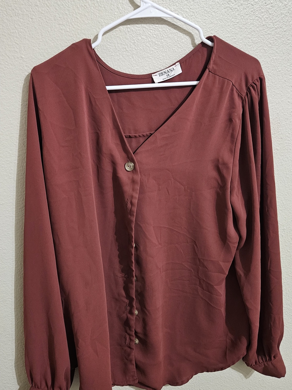 Zenana Outfitters Wine Button-Front Long Sleeve Top